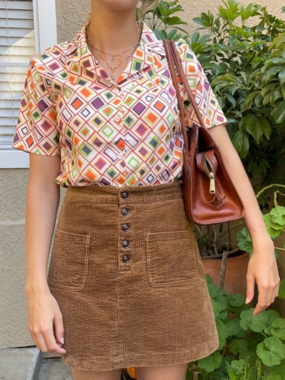 Vintage 70’s Multicolored Short Sleeve Geo Print Button-Up Blouse - Picture 4 of 9